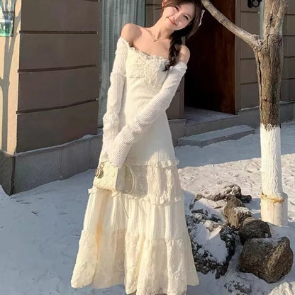 Knitted Lace Patchwork Flare Long Sleeve Square Collar Temperament Basic Sweater Dress Sweet Female