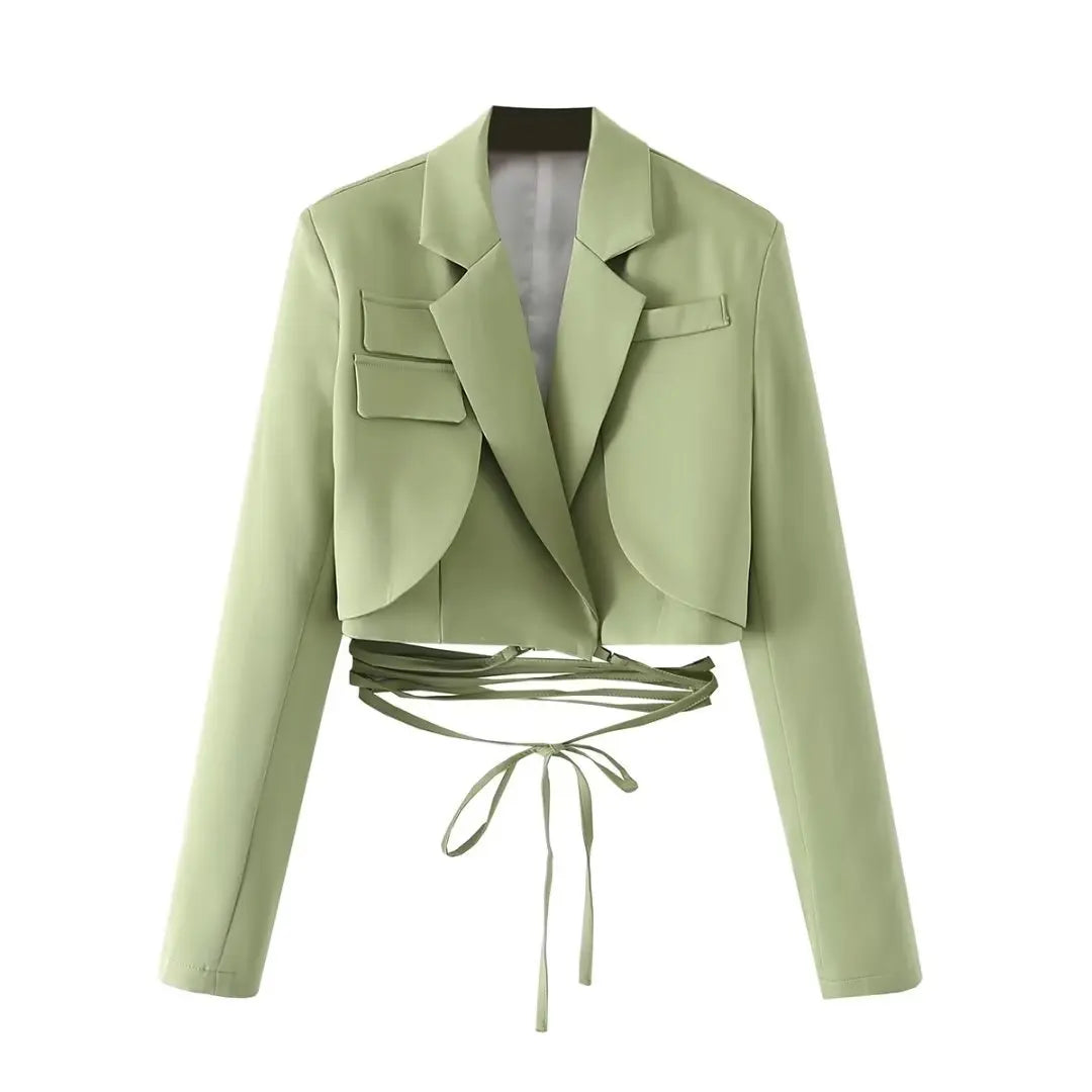 Gray Double Layer Bandage Slim Blazer Desigual Long Sleeve Pocket Short Jacket Female Outwear Crop Tops