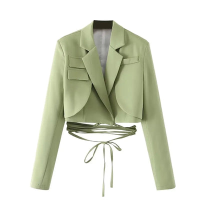 Gray Double Layer Bandage Slim Blazer Desigual Long Sleeve Pocket Short Jacket Female Outwear Crop Tops