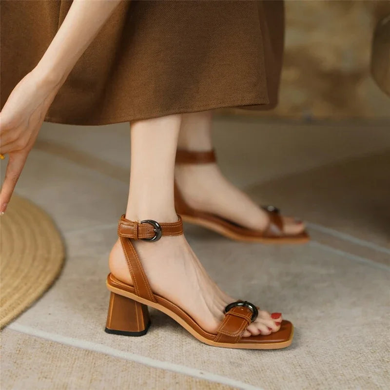 New Summer Shoes Square Toe Chunky Heel Sandals Cow Leather High Heels Band Shoes Black Shoes for