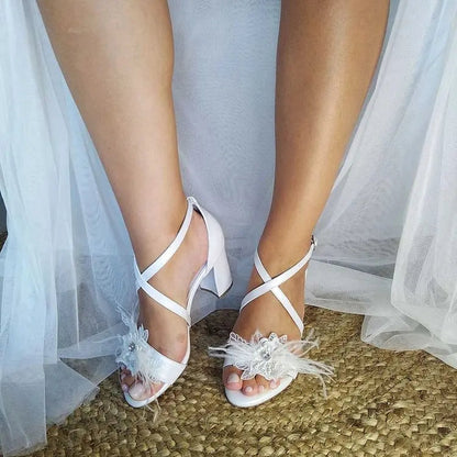 White Crystal Decor Cross Strappy Block Heel Wedding Sandals Open Toe Summer Dress Party Shoes