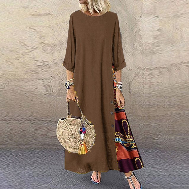 Cotton Linen Long Dresses Three Quarter Sleeves Splicing Print Loose A-line Dress Lady Maxi Vestido