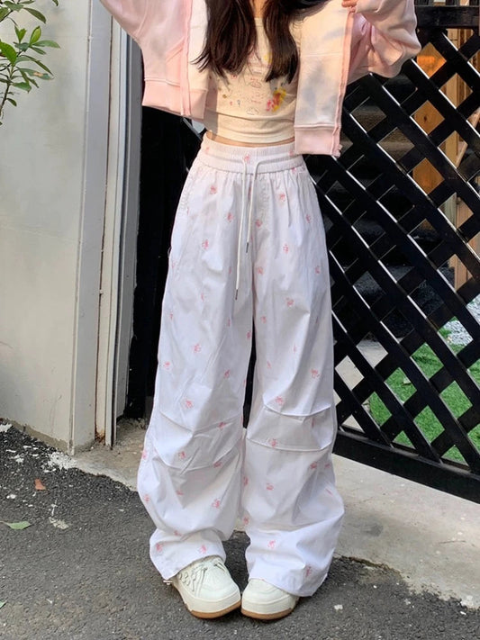 Y2k Parachute White Jogger Pants Baggy Bow Printed Sweatpants Hip Hop Slouchy Sporty Bottoms