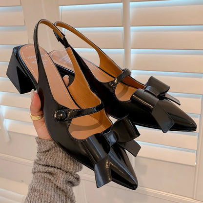 Genuine Leather Thick High Heel Pointed Toe Slipon Pumps Sweet Bowtie Korean Style Summer Heeled Sandals Shoes