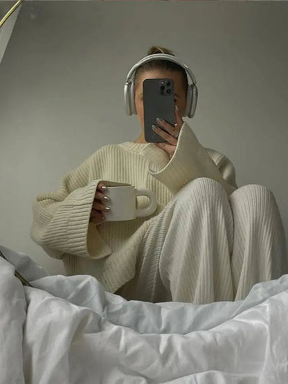 Split Hem Round Neck Sweater Flare Long Sleeves Loose Knitted Pullover Lady Warm Commuting Tops