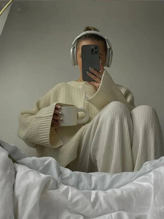Split Hem Round Neck Sweater Flare Long Sleeves Loose Knitted Pullover Lady Warm Commuting Tops