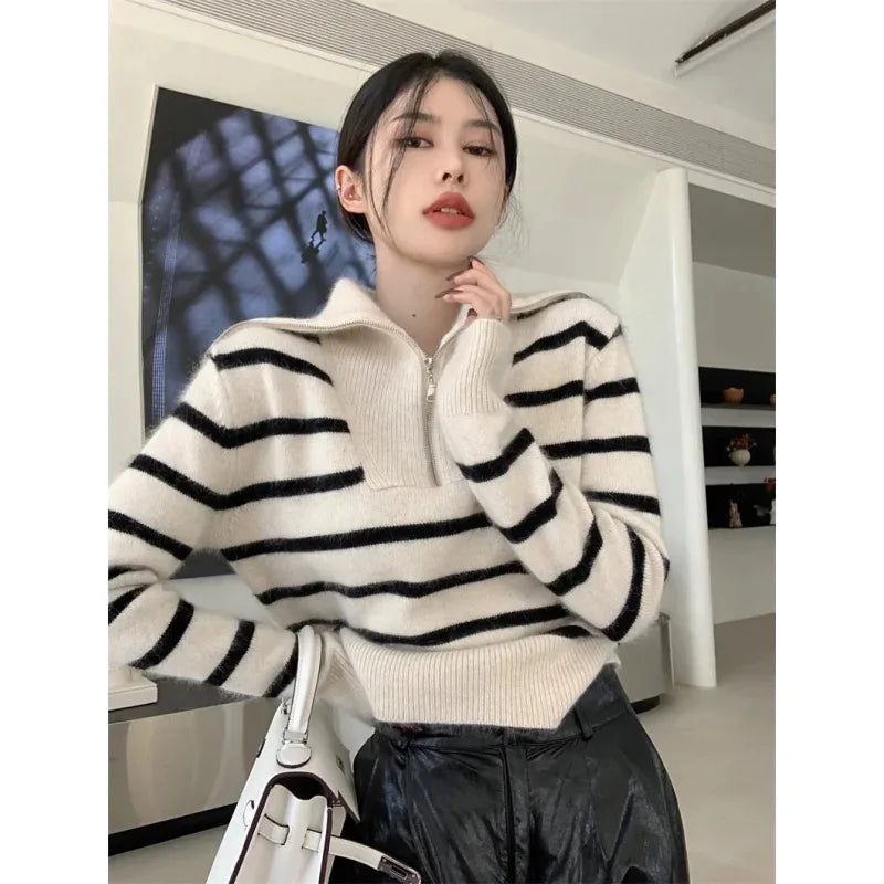 ’s Striped Sweater Zip Thick Fall Loose Turtleneck Knit Jumper Turn-down Collar Oversize Sweaters