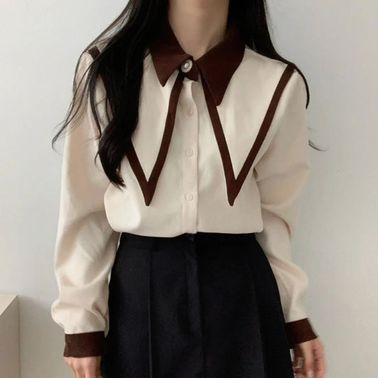Shirts Korean Patchwork Black Long Sleeve Blouses Office Red Chiffon Tops New