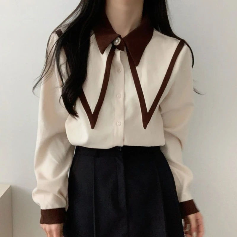 Shirts Korean Patchwork Black Long Sleeve Blouses Office Red Chiffon Tops New