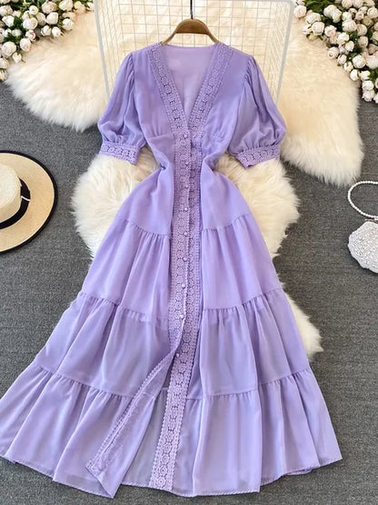 New Party Dress Summer Puff Sleeve V Neck Lace Single-breasted Long Dresses a Line Long Robe