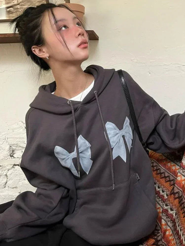 Kawaii Bow Print Hoodies Y2k Long Sleeve Sweatshirt Oversized Sweet Girl Causal Loose Autumn Winter Clothes Ins