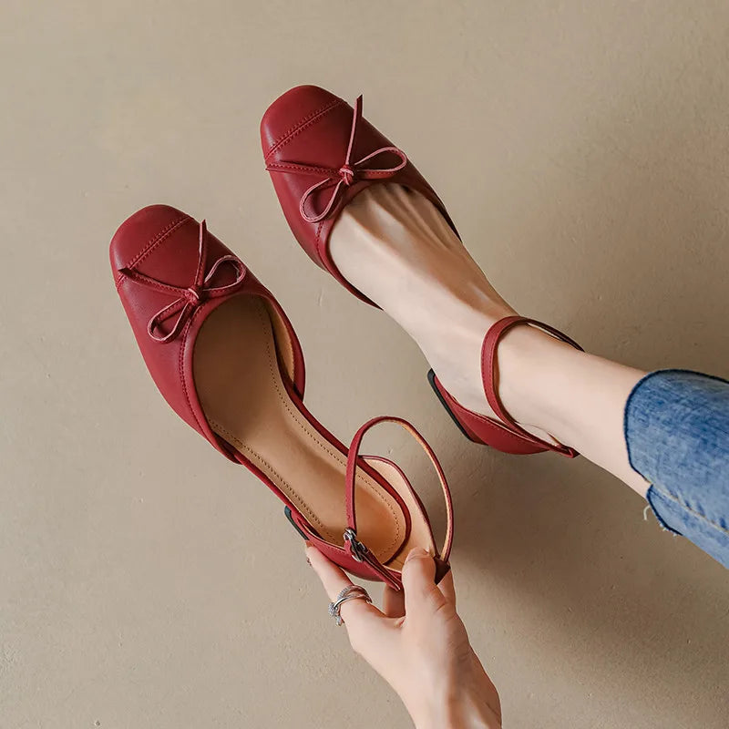 Pumps Spring Summer Sweet Retro Butterfly Knot Genuine Leather Thick Heels Ankle Strap Shoes Woman Party Wedding