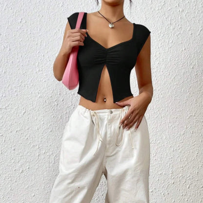 Instagram’s New European and American Spice Design a Thin Short T-shirt With a Slit Under the Chest