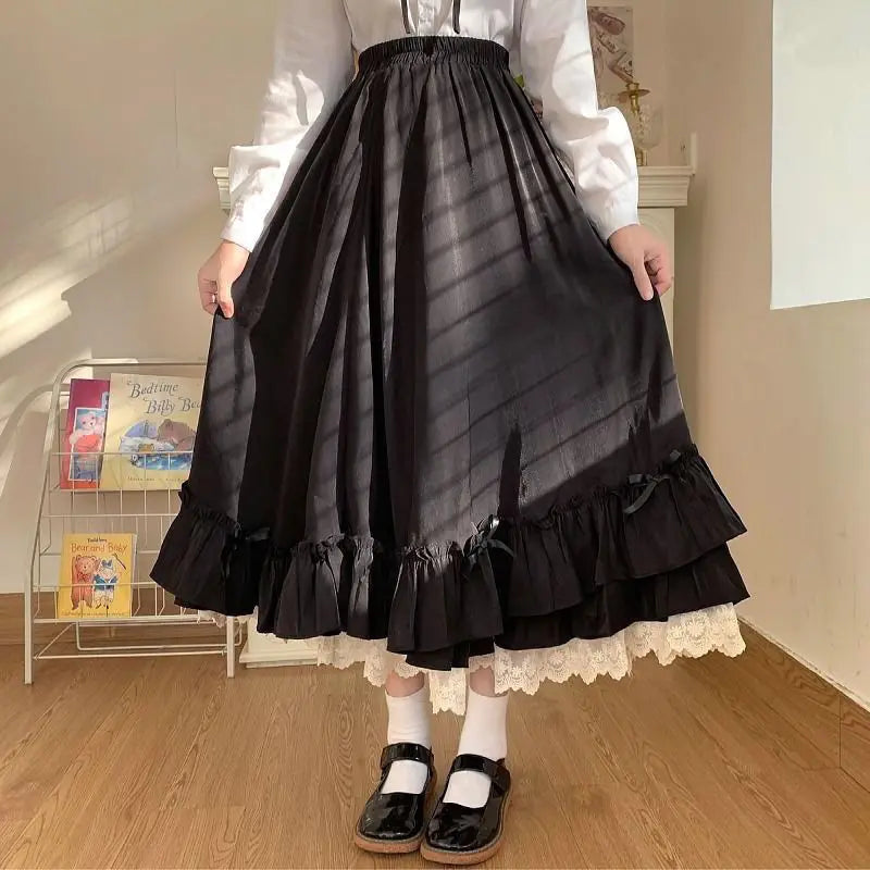 Japanese Color Double Layer French Ruffled Aline Pleated Skirt Hepburn Half Skirt Female White Long Skirt