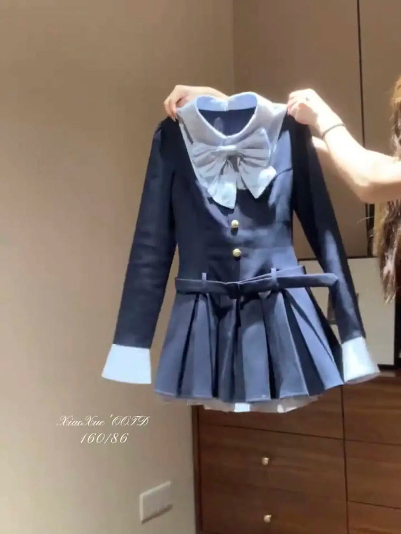 Korean College Style Fake Two Piece Spliced Bow Long Sleeve Pleated Dresses for Autumn Sweet Waist Slim Aline Mini Dress