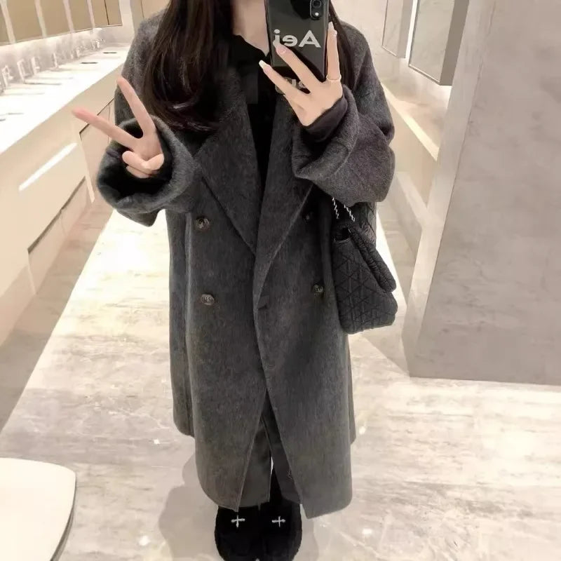 New Wool Blend Coat Mid Long Woolen Blazer Thick Warm Blouse Overcoat Office Lady Tops Autumn Winter