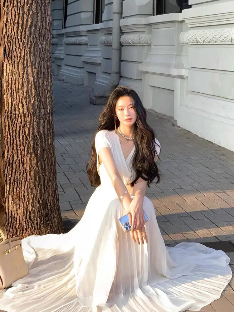 Summer Pleats Long Dresses French V Neck Holiday Party Vestidos High Waist Wedding Robe Clothes