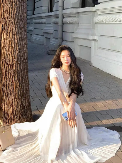 Summer Pleats Long Dresses French V Neck Holiday Party Vestidos High Waist Wedding Robe Clothes
