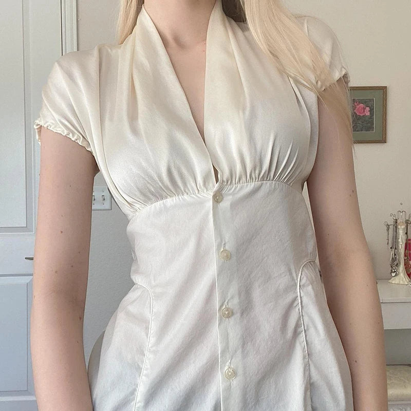 French Retro Satin Aline Shirt Slimming Short Sleeve Vneck Blouses Office Top Allmatch