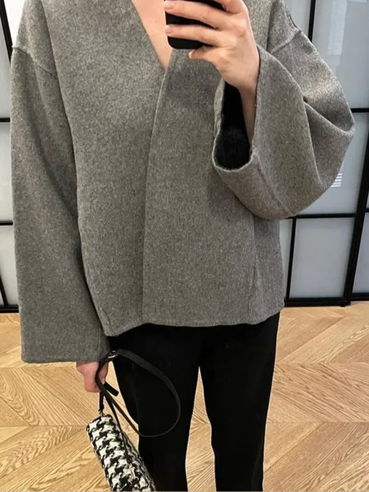 One Button Woolen Coat Gray Loose Long Sleeve V-neck Short Jacket Female Autumn Winter Lady New in Outwears