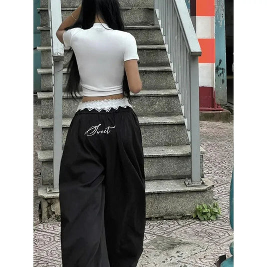 Korean Retro Contrast Color Lace Patchwork Pants Autumn New High Waist Loose All Match Wide Leg Pants