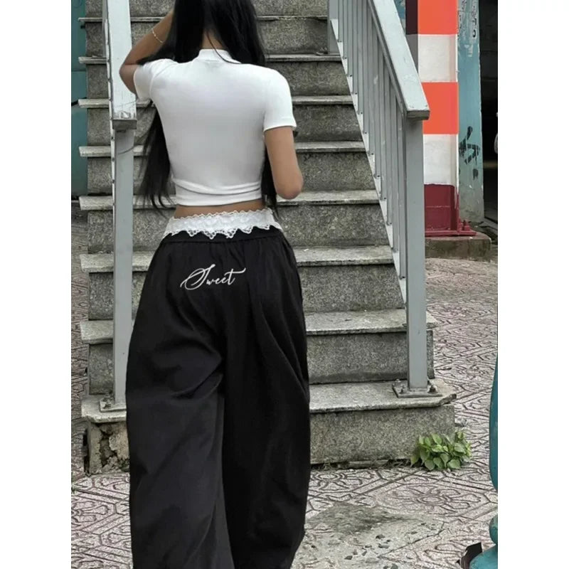 Korean Retro Contrast Color Lace Patchwork Pants Autumn New High Waist Loose All Match Wide Leg Pants