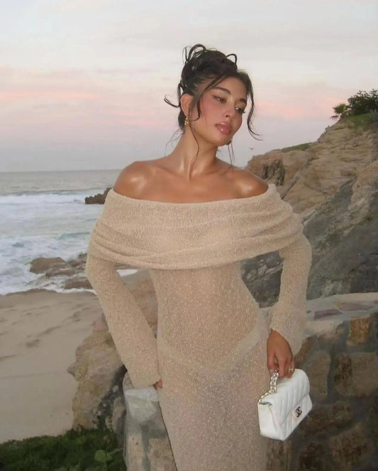 Summer Slash Neck Sunscreen Maxi Dress Long Sleeve Bodycon Knitted Vestidos Female Holiday Beachwear