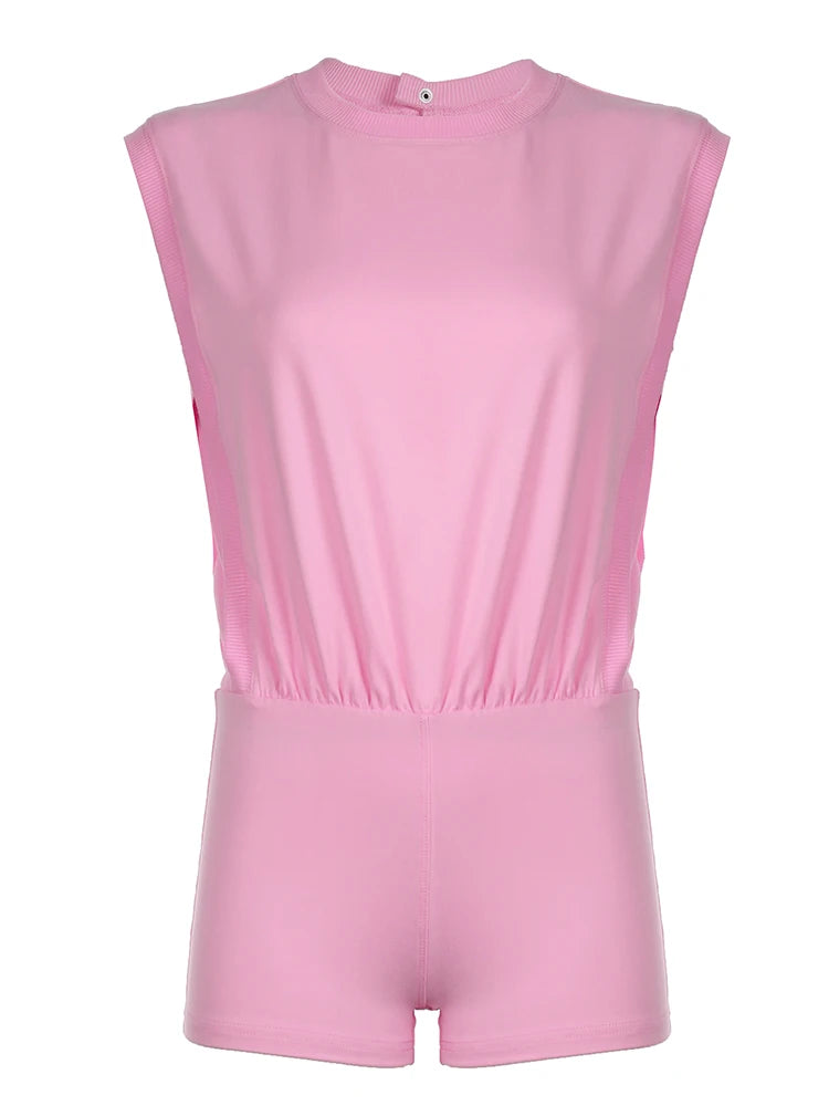 Hollow Out Back Sleeveless Blouse Rompers O Neck Simple Summer Vacation Beach Playsuits Pink