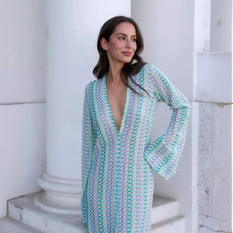 Crochet Stripe Flare Sleeve Maxi Dress