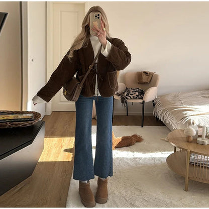 Brown Quilted Padded Suede Coat Long Sleeve Lace Up Cropped Jacket Autumn Winter Lightweight New in Outerwears