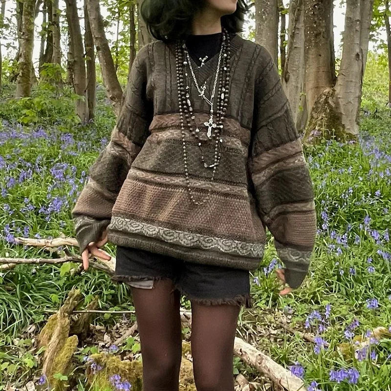Graphic Striped Print Loose Pullovers Y2k Fairycore Grunge Knitted Sweaters Autumn Long Sleeve Aesthetic Retro Knitwear