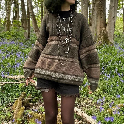 Graphic Striped Print Loose Pullovers Y2k Fairycore Grunge Knitted Sweaters Autumn Long Sleeve Aesthetic Retro Knitwear