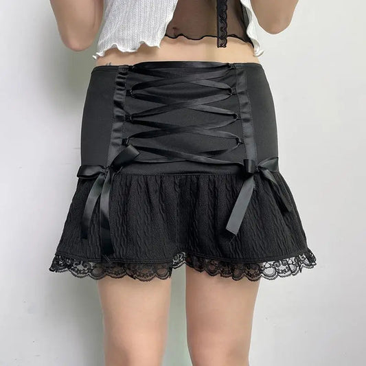 New Bow Tie Lace Black Skirt for Summer Sweet Low Waist Slimming Spicy Girl Aline Ultra Short Mini Skirts