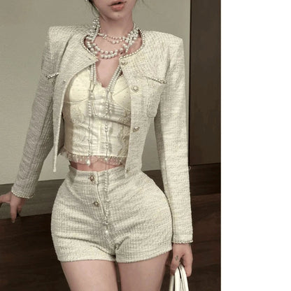 Sweet Hot Girl Tweed Suit Autumn Oneck Longsleeved Jacket High Waisted Shorts Twopiece Set Female Clothes