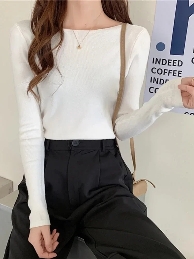 Ribbed Sweater Knitted Soft Pullovers Jumpers Basic Soft Long Sleeve Sweaters for Autumn Winter Tops