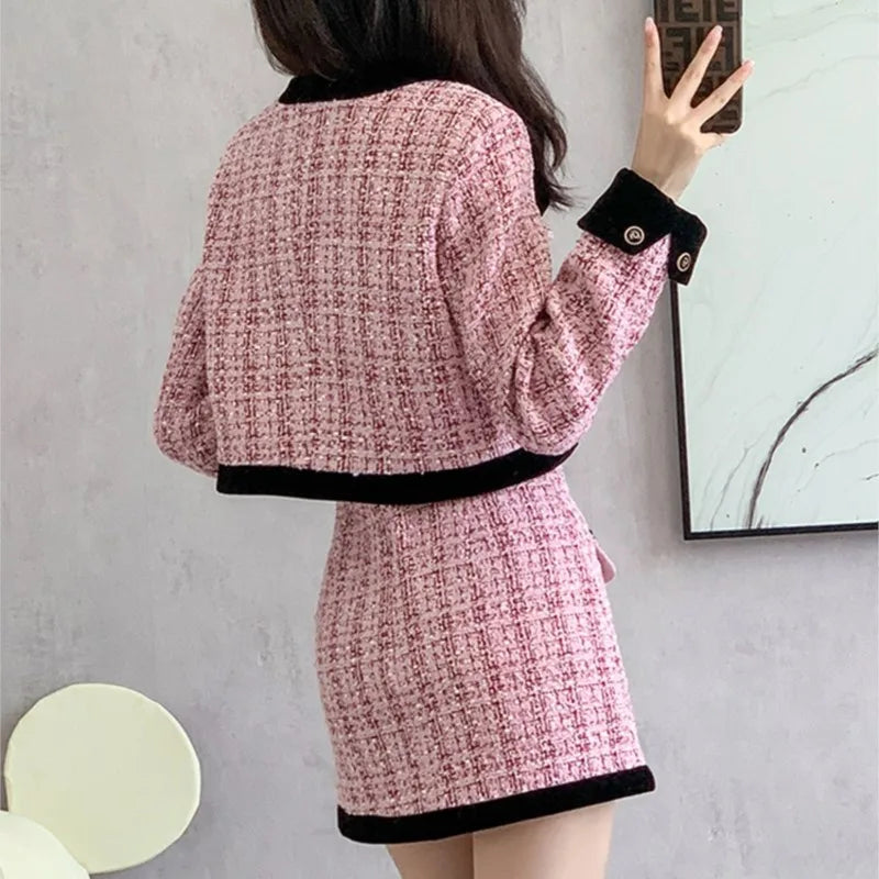 Autumn Winter Tweed Two-piece Skirt Set Short Jacket Coat + Mini Skirt Suits Korean Female Outfits
