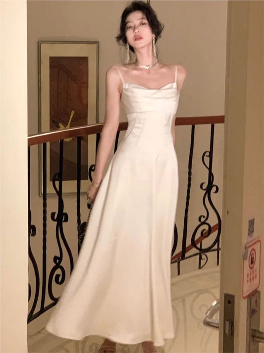 Midi Dress Sleeveless Vneck Spaghetti Strap Camisole Aline French Evening Party Prom Robe Vestidos