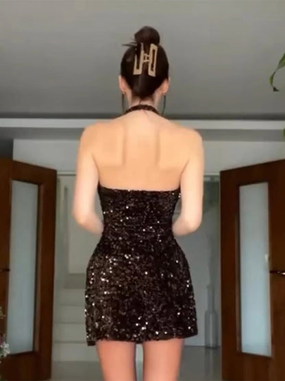 Sequined Halter Backless Mini Dress Off Shoulder A-line Party Evening Dresses Summer Lady Slim Glitter Vestidos