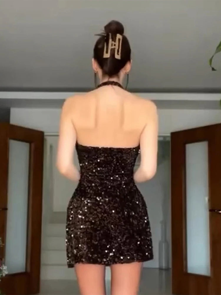 Sequined Halter Backless Mini Dress Off Shoulder A-line Party Evening Dresses Summer Lady Slim Glitter Vestidos
