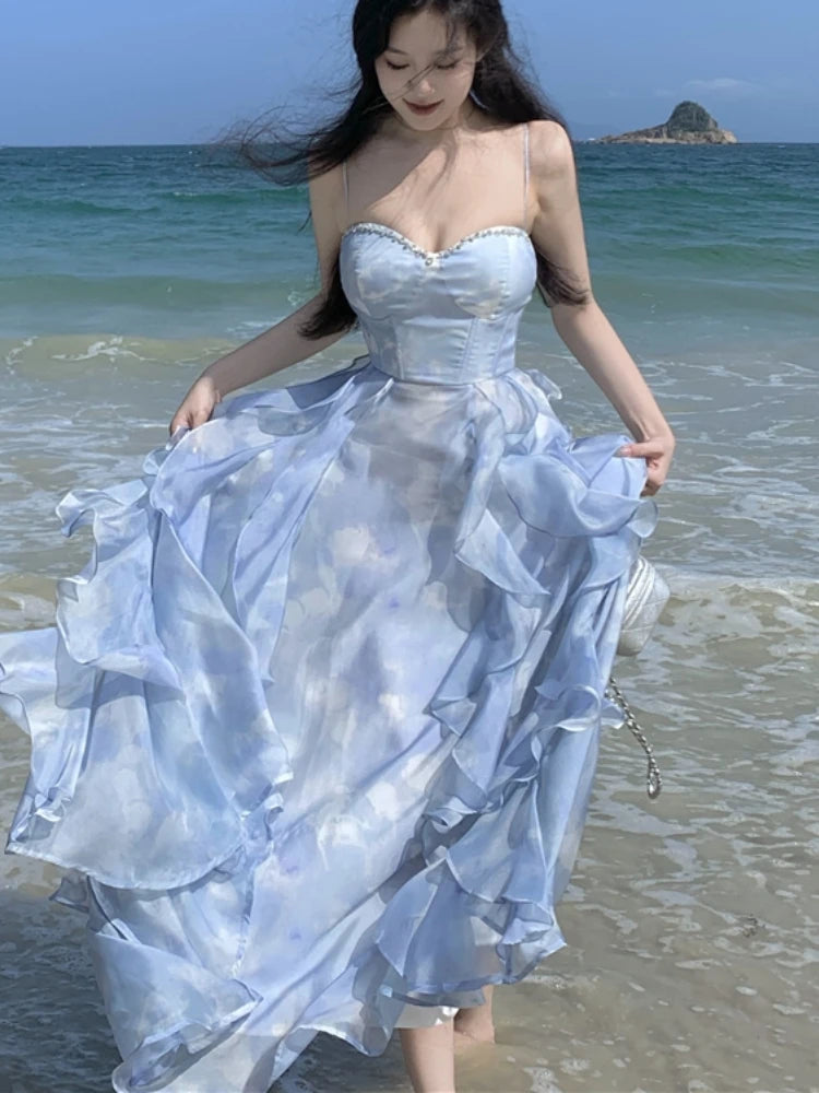 New Summer Long Dresses for Spaghetti Strap Korean A-line Ruffles Beach Style Party Dress One Piece Vestido Mujer