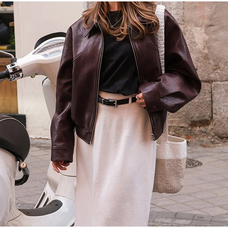 Pu Leather Jackets Coats Turn Down Collar Long Sleeve Zipper Female Motorcycle Top Coat Autumn Outwear