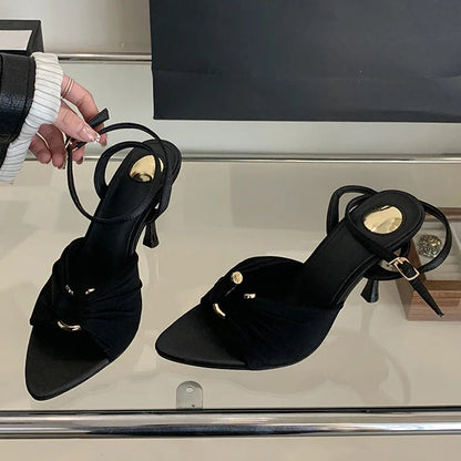 Comfort Hollow Out Metal Buckle Decoration Sandals Satin Ankle Strap Heels Pointed Toe Party Designer Shoes