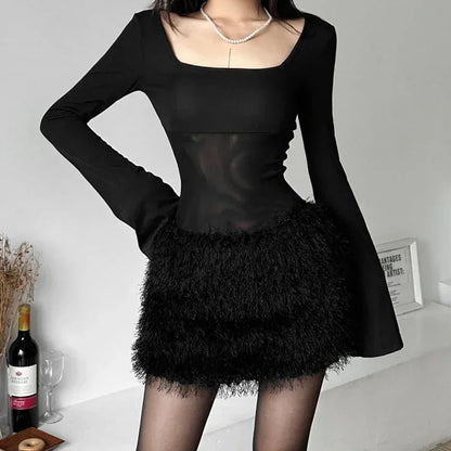 Korean Mesh Splicing Slim Longsleeved Dress Spring New Square Collar Color All Match Mini Dress
