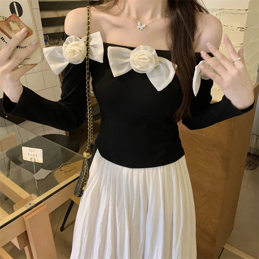 Sweet Hot Girl Off Neck Longsleeved Sweater Autumn Threedimensional Flower Knitted Sweater Female Clothes