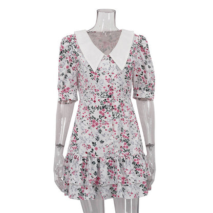 Short Sleeve Mini Dress for Robe Turn-down Collar French Dress High Waist Dresses