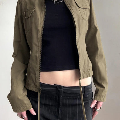 Patchwork Stand Collar Military Jacket Y2k Autumn Pockets Zipper Coat Grunge Style Outfits