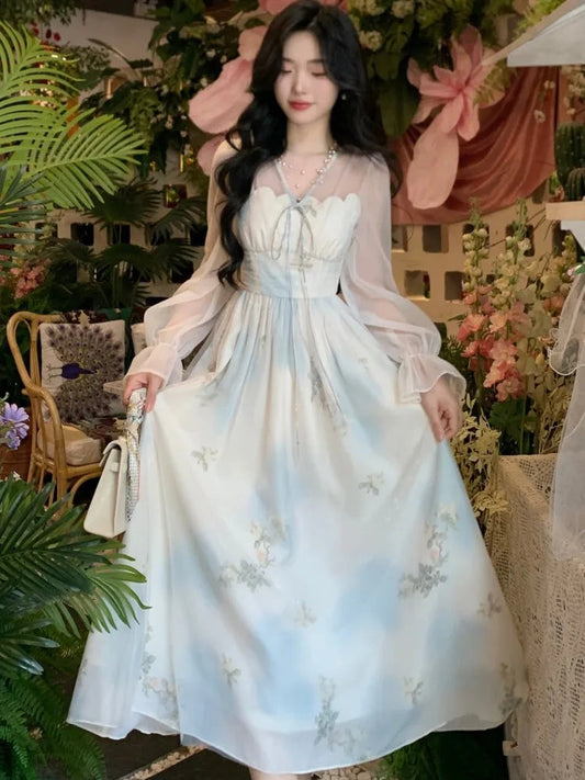 French Printed Midi Dress for Lantern Sleeve Vneck Slim Waist Aline Vestidos Birthday Party Robe
