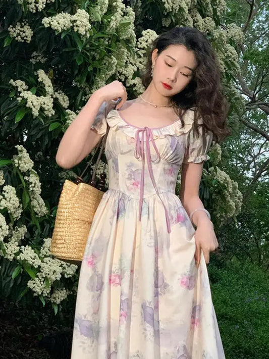 French Printing Long Dress Bandage Short Puff Sleeve Dress Summmer Bodycon Prom Party High Waist Dresses Woman