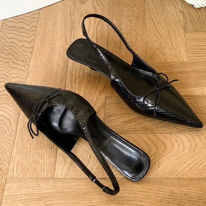 Spring Butterflyknot Thin Low Heels Pumps Sandals Pointed Toe Slipon Slingback Shoes