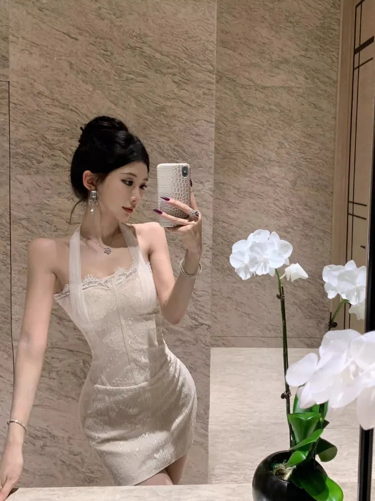 Mini Dresses Lace Patchwork Sleeveless Slim Sequins Backless Halter Basic Party Dress Shiny Female
